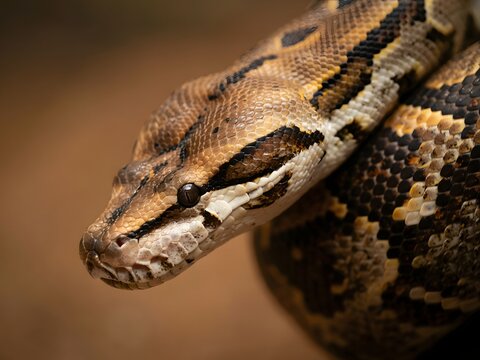 Close-up portrait of venomous Gaboon viper snake with intricate geometric scales and forked tongue extended
