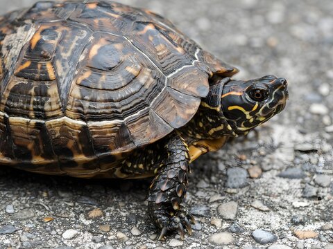 Close-up of wild eastern box turtle walking on concrete pavement in natural habitat