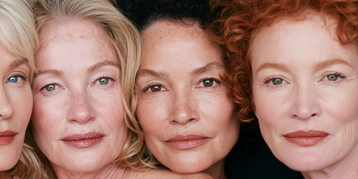 Close-up portrait of diverse women with natural skin and different hair textures