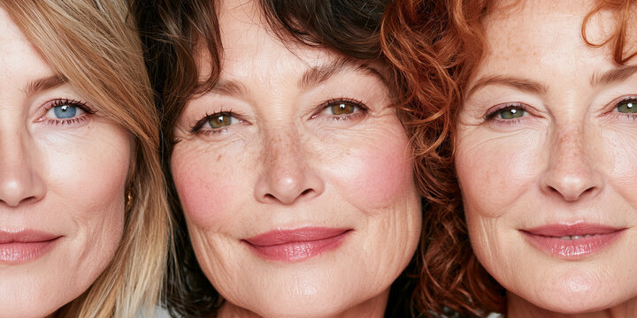 Close-up of three diverse women with natural skin and contrasting hair textures
Keywords: