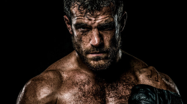 Close up a boxing fighter face serious mood , action cinemaitc image , black background.