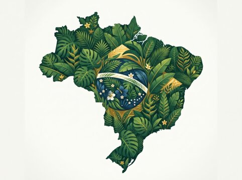 Brazil map filled with tropical leaves and national flag colors