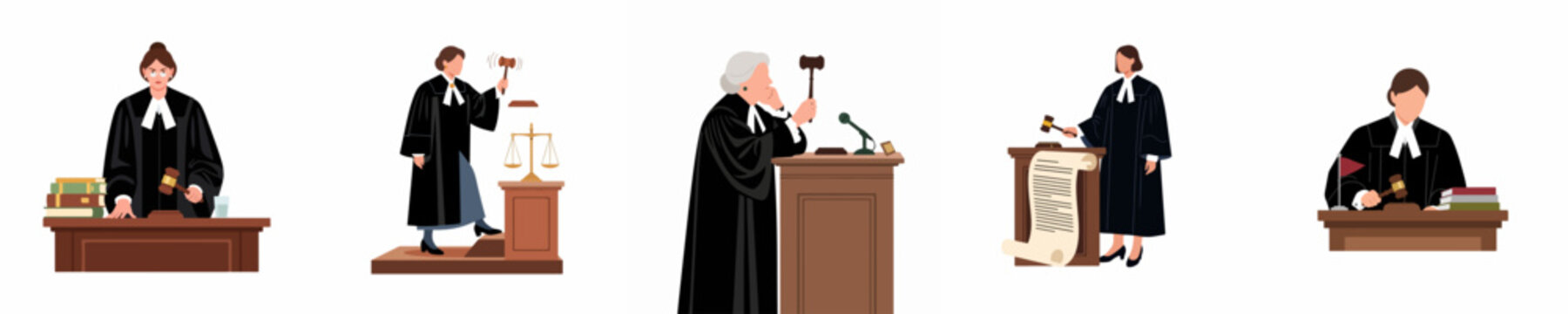 Vector Illustration Set of Professional Judges in Black Robes, Diverse Courtroom Characters Holding Gavels at Law Benches for Justice, Legal Trial, and Courthouse Concept Design.