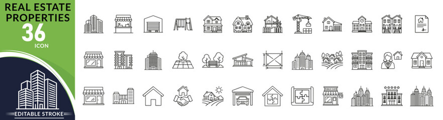 Fototapeta premium Real estate Properties line icon set. 36 Real estate Properties line icon bundle. Includes Urban architecture, building, real estate, mall, skyscraper, and more. Editable stroke. Vector illustration.