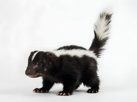 Baby skunk walking on white background with raised tail and fluffy fur in studio shot
