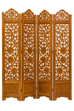 Carved Wood Folding Screen Room Divider with Floral Design