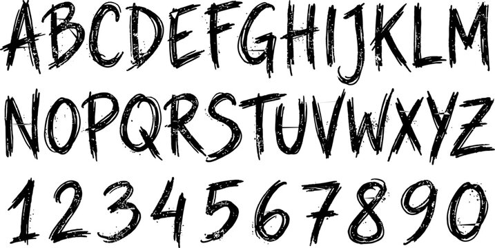 Complete alphabet set featuring uppercase letters from A to Z and numbers from zero to nine rendered in a hand drawn grunge scribble style with rough ink texture and messy brush strokes