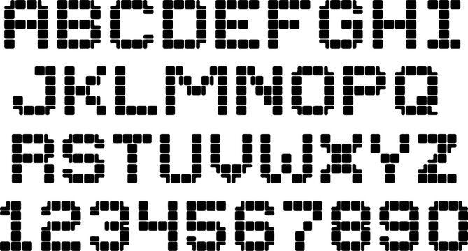 Complete alphabet and numbers set displayed in a digital dot matrix style font design made of neat black pixelated squares arranged neatly in horizontal rows across the image surface
