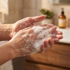 Fototapeta premium Person lathering foaming cleanser between hands for thorough daily on transparent background
