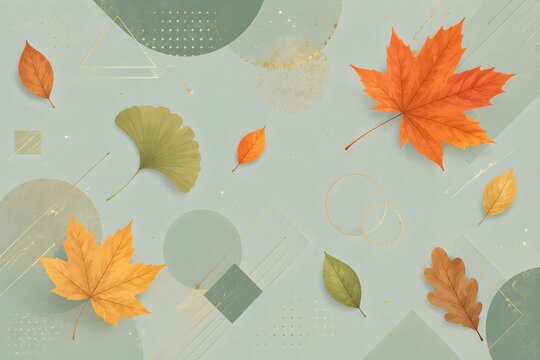 Autumn leaves arranged with elegant geometric lines, golden glitter accents and translucent shapes on a muted sage green background
