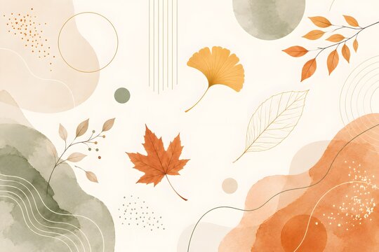 Autumn leaves combined with soft watercolor shapes, delicate botanical lines and flowing abstract forms in a light contemporary composition
