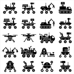 Space exploration mars rover and lander robotics icons with robotics exploration technology astronomy scientific collection research aerospace autonomous engineering navigation extraterrest © mahamudul