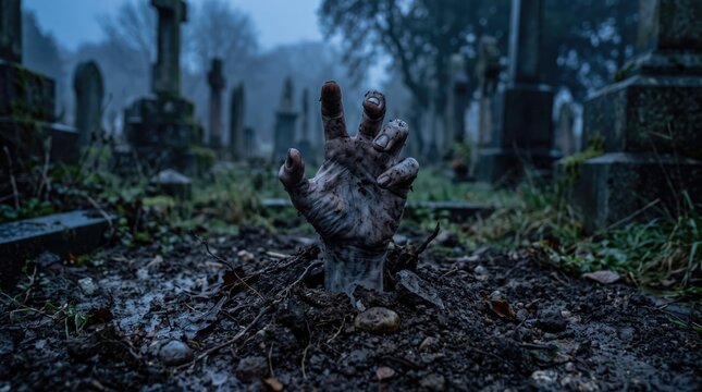 A zombie hand emerges from the ground in a foggy graveyard. Tombstones are visible in the background, creating a spooky atmosphere.