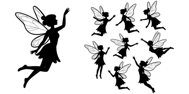 Magic fairy silhouette vector collection featuring flying pixie characters with wings in different poses on white background