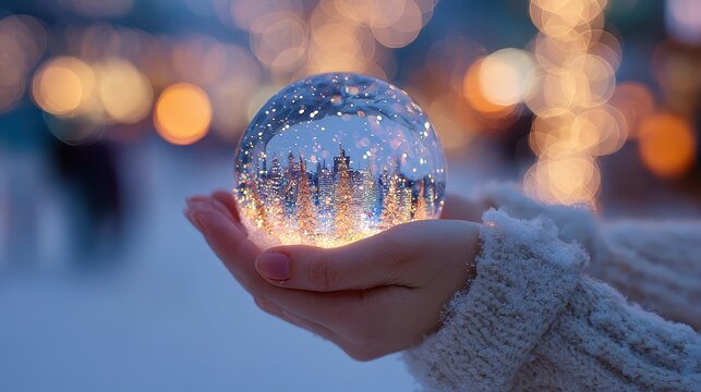 Hands holding a glowing glass snow globe with a winter forest scene at Christmas time