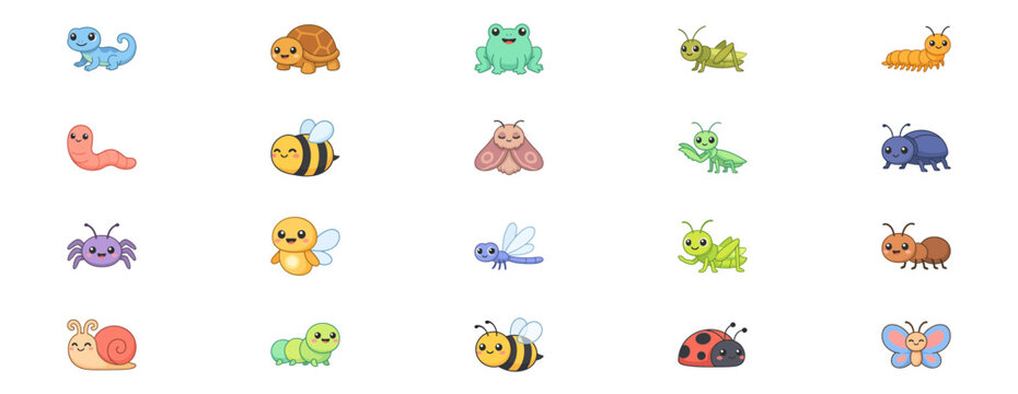 Set of cute colorful cartoon insects and small garden bugs collection for kids and education
