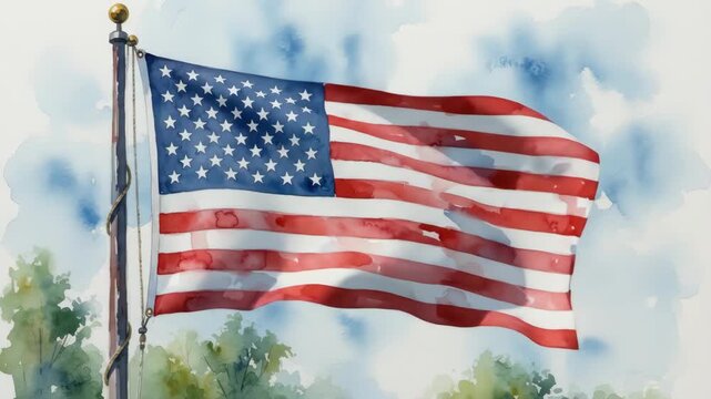 Watercolor painting of american flag waving on flagpole usa stars stripes