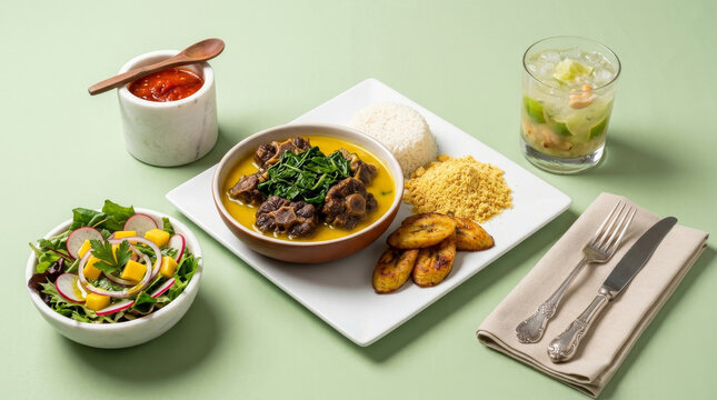 Brazilian Amazonian oxtail stew with tucupi and jambu leaves served with rice, farofa, fried plantain, salad and caipirinha