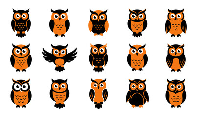 Obraz premium A collection of fifteen stylized owl icons featuring black and orange color schemes perfect for halloween designs and various bird themed projects