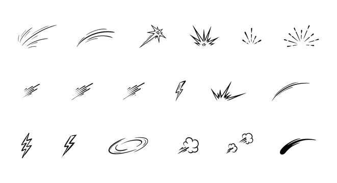 Set of comic book action elements, speed lines, explosions, and impact effects