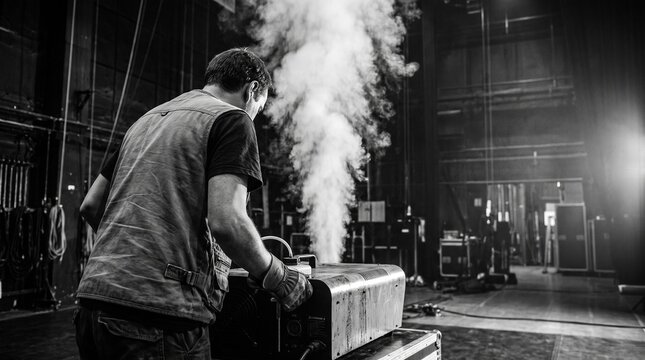 Cinematic stage technician operating fog machine, black and white theater production, professional special effects crew
