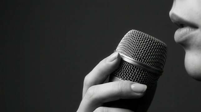 Dark background with copy space woman hand microphone sing