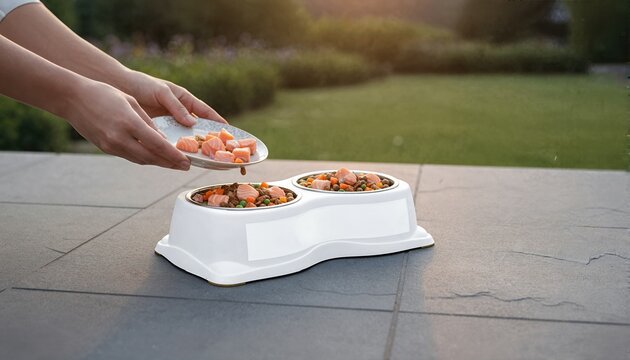 Modern labeled pet feeder on a luxury stone garden patio