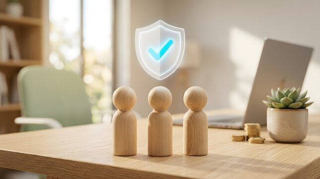 Three wooden figures stand on desk with glowing security shield icon above, symbolizing protection and safety.