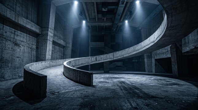 Brutalist concrete spiral ramp in dark parking garage, industrial underground basement with moody cinematic lighting