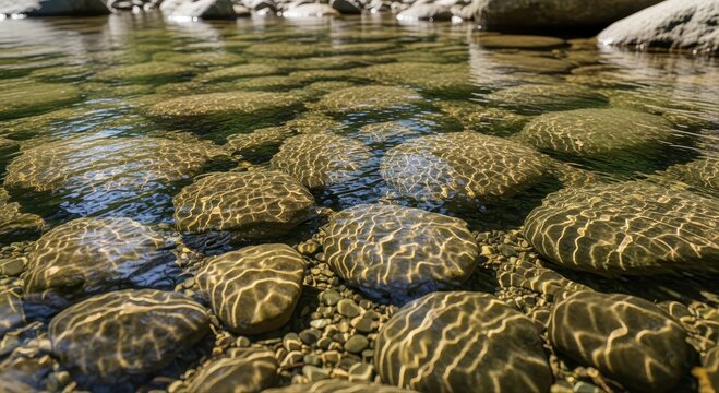 Crystal clear stream with sunlight patterns shimmering on river rocks and pebbles