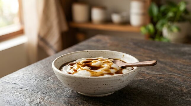 Creamy dessert bowl with caramel drizzle on rustic table