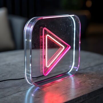 Neon pink glass play button icon isolated with real transparent background for branding