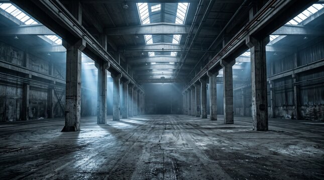 Industrial warehouse interior with light rays, empty factory hall with concrete pillars, dark moody workshop space