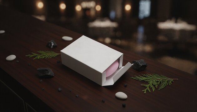 Modern white soap box on dark wood hotel vanity