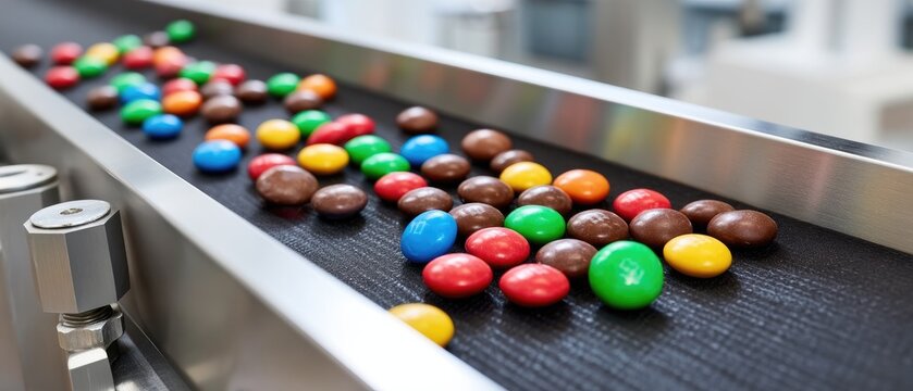Confectionery factory shows colorful candies on conveyor belt in food production setting with soft blur of equipment and lights