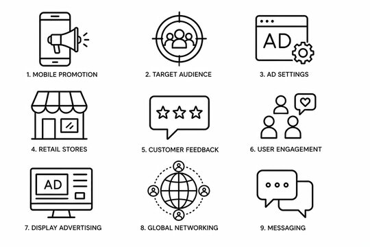 Set of marketing and advertising business icons in thin line art style