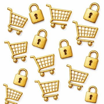 Pattern of golden shopping carts and padlocks on white background