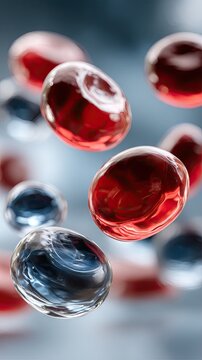 Microscopic view of red and blue cells showing biconcave and spherical shapes in a fluid environment with a smooth flow effect