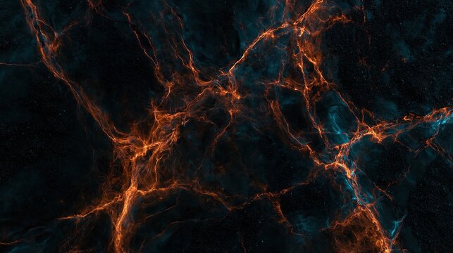 Abstract dark background with glowing orange and teal veins, resembling nebula or marble texture