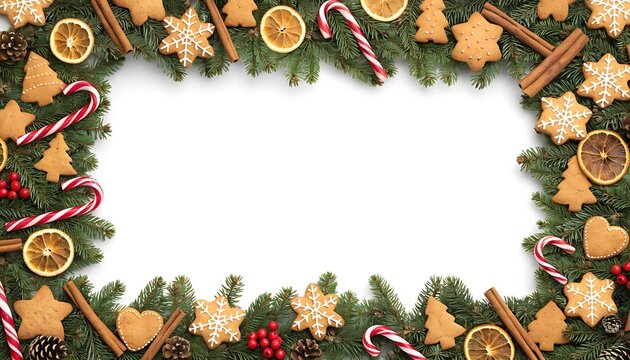 Christmas frame background with gingerbread cookies and fir branches