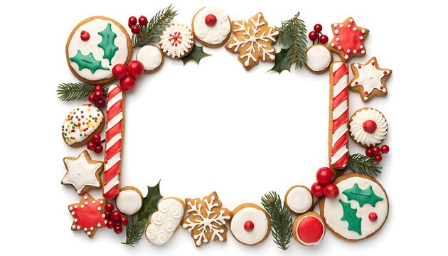 Christmas frame background with iced gingerbread cookies and berries