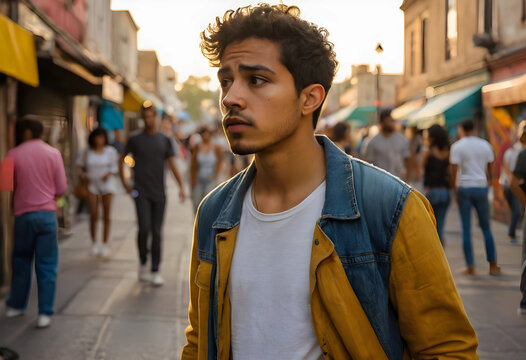 Young hispanic man with curly hair and denim jacket walking on a busy street at sunset, the golden hour light illuminates his profile as he looks thoughtfully to the side