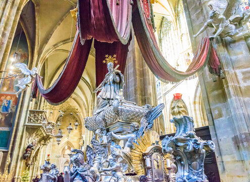 Silver tomb of Saint John of Nepomuk inside St Vitus Cathedral in Prague Castle, Czechia