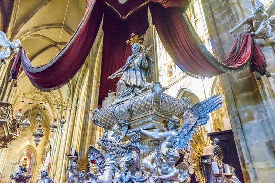 Silver tomb of Saint John of Nepomuk inside St Vitus Cathedral in Prague Castle, Czechia