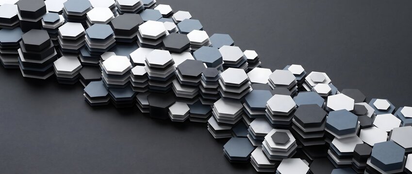 Abstract 3D hexagonal wave background with layered blue and grey tiles
