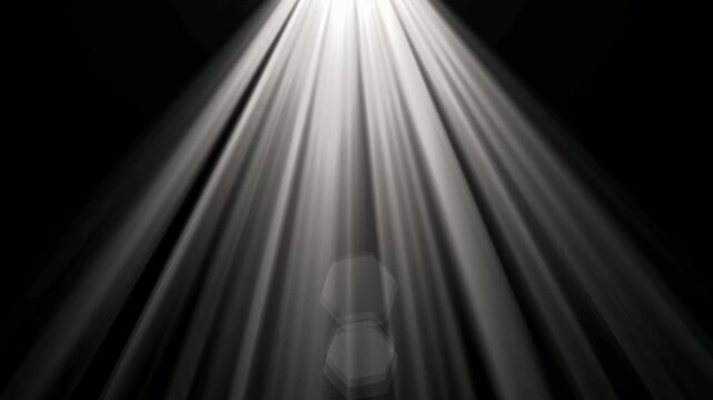 Abstract white light beams on black background. Dynamic sun rays, shine or sun effect on black screen. Glitter, shiny, bright and flare 4k video footage.