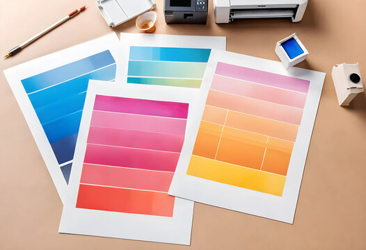 Color swatch prints with gradient palettes and printing equipment on a brown surface, graphic design and creative process