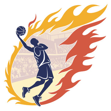 Basketball player dunking in flame circle graphic element