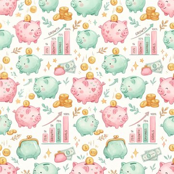 Seamless piggy bank savings pattern with cash and coins for financial growth design elements