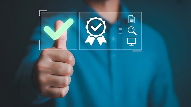 Quality assurance concept with businessman hand thumbs up and check mark badge icon for standard control and customer satisfaction
